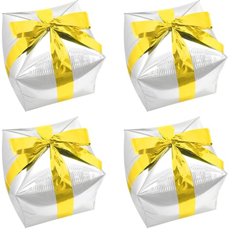 Deermon 4 Pack Silver Christmas Square Cube Shape Gift Box Party Balloon With Gold Ribbon, Aluminum Mylar Present Xmas Decoration Gifts Box Balloons For New Year Birthday Wedding Party Favors