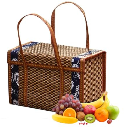 Exogio Weiden-Picknickkorb Mit Deckel, Gewebekorb, Geschenkkorb Natur Wicker Camping Picknickkorb Präsentkorb, Gefalteter Obsteinkauf, Aufbewahrungskorb aus Rattan-Gras, Faltbarer Bambuskorb