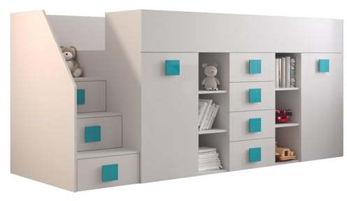 MEBLE KRYSPOL Toledo 3 Hochbett für Kinder, Jugendliche mit Stauraum - Etagenbett mit Schreibtisch, Kleiderschrank, Regal, Schubladen, Treppe - 248,5x93x123 cm - Weiß, Weiß, Türkis
