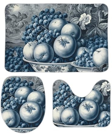 LXTDPBK Badezimmerteppich-Set mit Früchten und Beeren, Badematten-Set, rutschfeste Badematte mit WC-Deckelbezug, Konturmatte, Badteppich für Heimdekoration, Badezimmermatte für Dusche