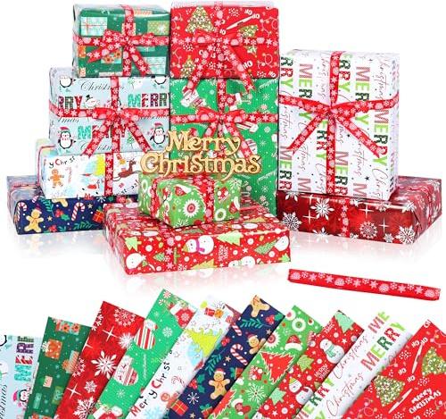 Norvens Christmas Wrapping Paper 10 Sheets 70x50cm Glossy Gift Wrap with Red Ribbon Festive Designs with Santa Reindeer Snowflakes Candy Canes Christmas Trees for Gift Packaging