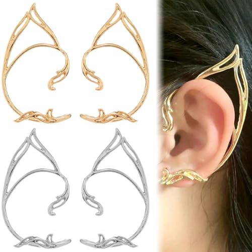 LQIOACU 2 Pares Ear Cuff Elf Pendientes para Señoras Elf Ears Catwoman Ear Joyería Elf Ears Elf Ears Joyería para Elven Costume Fairy Costumes Mujeres Cosplay Costume (Oro, Plata)