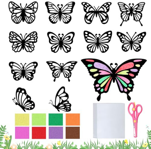 Cadimus Basteln Schmetterling Kinder, 12 Stück Fensterbilder Schmetterlinge Set, DIY Bastelset Frühling, Bastelvorlagen Fensterbilder Fruehling für Kinder Geschenk