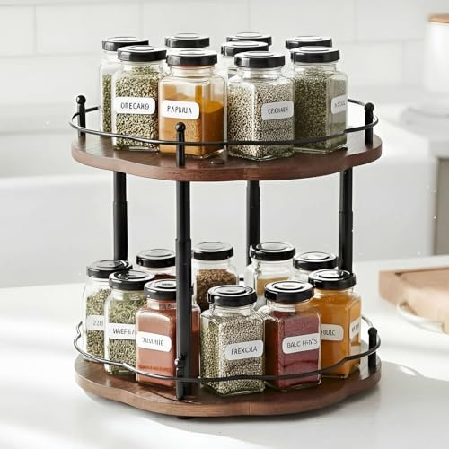 2-nivåer Lazy Susan kryddhylla, justerbar roterande skivspelare för skåp, köksbänk och skafferi, 30 cm trä kryddförvaringshylla, kompakt och mångsidig design, rustik brun