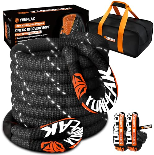 YUNPEAK Kinetisches Abschleppseil (25,4 kg), Robustes Offroad-Wiederherstellungsseil mit 2 weichen UHMWPE-Schäkeln (25,4 kg), Abschleppseil-Set für LKW, SUV, UTV, ATV, Traktor, Auto, Jeep, Schwarz,