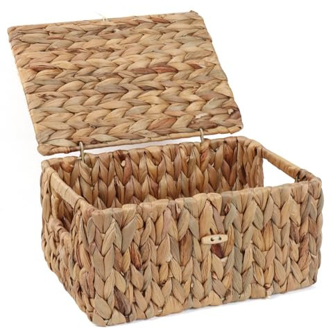 FEIALNDUO Wicker Shelf Baskets with Lid, Seagrass Storage Hamper Basket Bins Rectangular Box for Home Desktop Organizer (Natural, Small)