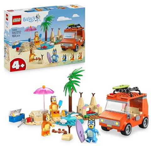 LEGO Bluey: Bluey's Beach & Family Car Trip Toy with 3 Minifigures INCL. Bingo & Chilli, Plus 2 Surfboards, a Sand Castle & Fun Accessories - Birthday Gift for 4+ Year Old Girls & Boys - 11202