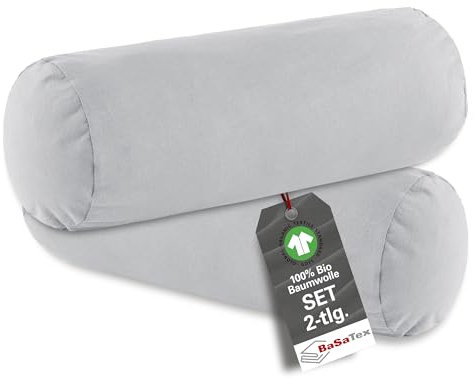 BaSaTex Bio Kissenbezug Kopfkissenbezug für Nackenrolle 40x15 cm im 2er Pack - 97% GOTS-Zertifizierte Baumwolle + 3% Elasthan - Farbe: Silber