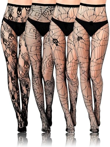 BOARDFEB Lot de 4 Paires de bas Résille Noirs Pour Femme, Collants en Dentelle à MotifsTête de Mort et Toile D'araignée, pour Halloween