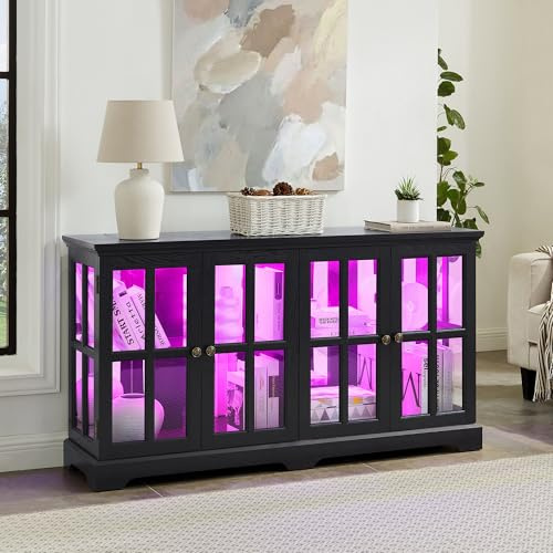 TRJQBCC 59 Glass Curio Display Storage Cabinet, 4 Doors LED Light Multipurpose Tableware Display Sideboard w/Mirrored Back Pane, Vintage Storage TV Stand for Living Room (Black)