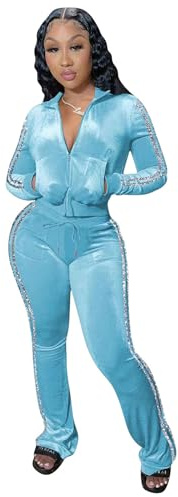 Long Sleeve Full-Zip Up Velvet Crop Tops Jacket Flared Pants Matching Set Womens 2 Piece Velour Jogger Tracksuit Two Piece Sexy Outfits for Women Sportswear Sweatsuit Pockets Patchwork Glitter Stripe