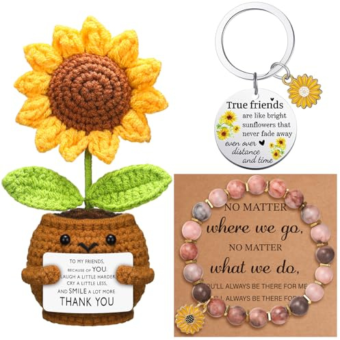 Wavwavw 3 Pcs Sunflower Gifts for Good Friend, Handmade Sunflower Crochet Doll and Bracelet with Inspirational Card Friendship Keychains Gifts for BFF Women Birthday Christmas Stuff