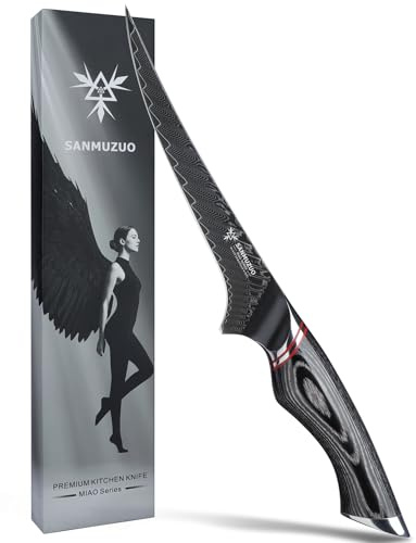 SANMUZUO 7 Inch Fillet Knife - Professional Kitchen Boning Knife - Black Damascus Steel with Ergonomic Handle - MIAO Series