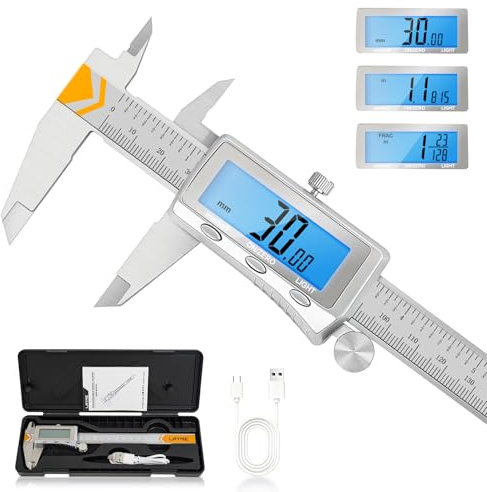Digital Caliper, Rechargeable Caliper Measuring Tool with Backlight LCD Screen,Vernier Dial Caliper Stainless Steel with Auto-Off Feature,Inch Metric Fraction Conversion, for Jewelers/Woodworkers/DIY