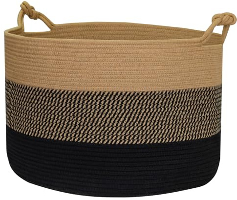 HMF Cesto portaoggetti con manici con nodo portafortuna, grande cesto in cotone, 50 x 33 cm, nero miele