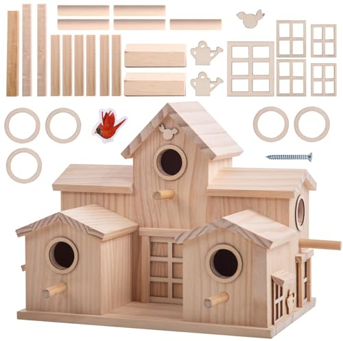 Casa de pájaros de madera con múltiples agujeros de entrada, pino natural, casa decorativa para jardín