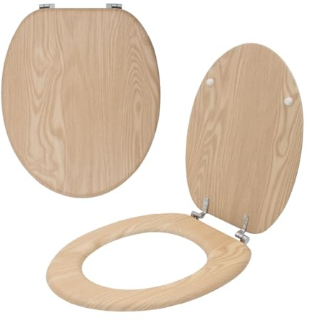 Anika Light Oak Effect Toilet Seat, 43 x 37.5cm, Chrome Plated Hinges | Easy Installation, Moisture Resistant PVC Veneer, Easy Clean Bathroom Toilet Seat, Fits Most Standard Toilets, Modern Design