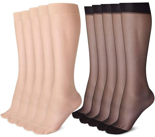 10 Pairs Knee High Socks for Women, Thigh High Nylon Stockings, 15D Sheer Knee Length Pop Socks & Tights, Ladies Hold up Stockings (5 Black+5 Natural)
