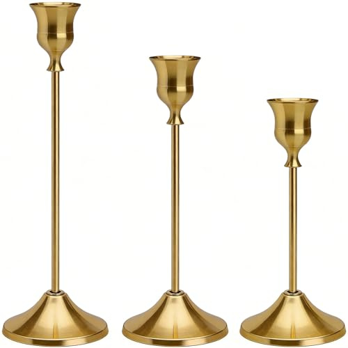 Juego de 3 Candelabros Color Cobre, Portavelas de Metal Vintage para Velas Cónicas, Set de 3 Alturas (23/19/16 cm) con Base Estable 7cm, Centro de Mesa Elegante para Navidad y Decoración del Hogar
