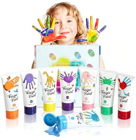 Rlssaki Kit Peinture Enfant, 8Couleurs * 60ml Blot Peinture au Doigt Lavable, Finger Paint pour Enfants avec Livre de Coloriage, Peinture À Doigts Non Toxique avec Tablier, pour Education Précoce