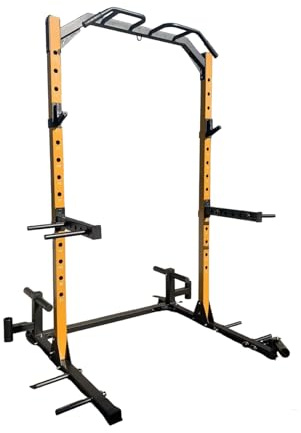 Half Rack Palestra Bicolore, Power Rack con Barra per Trazioni, Struttura in Acciaio 50mm, Giallo e Nero, Stazione Multifunzione per Allenamento