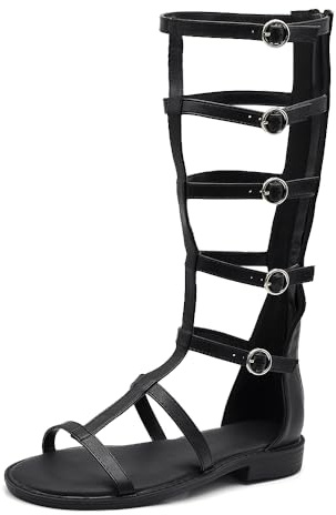IF Sandali Gladiatore Donna Alti al Ginocchio, Sandali Romani Flat con Cinturini Multipli e Fibbie Regolabili, Chiusura con Zip Posteriore, Stivali estivi Casual Chic 5407 nero N.37