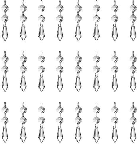 JaneYi (Paquet de 24) 37mm Prisme de Glace Pendentif en Cristal Verre Cristal Clair Lustre Ice Gouttes Attrape-Soleil avec Perles Octogonales pour Rideau Lampe Vase Jardin Fête Noël Mariage Décor