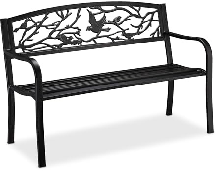 Relaxdays Banco Jardín, Adornos Pájaros, 2 Personas, Asiento Vintage, Balcón y Terraza, Acero, 87x127x57 cm, Romántico