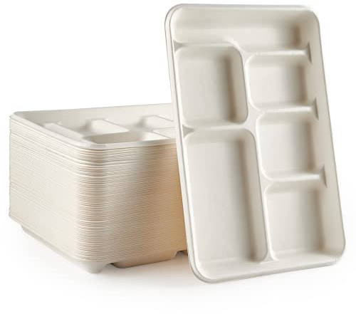 Vplus 100% Compostable 6 Compartment Plates, 90 Pack Compartment Paper Plate, 12.5x8.6 inch Disposable School Lunch Trays, Eco-Friendly Bagasse Plates for School Lunch, Buffet, and Party