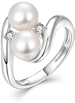 JO WISDOM Mujer Anillo de Perlas de agua dulce de 7mm Plata de Ley 925 con Circonita Cúbica 3A,Bisutería para Mujer