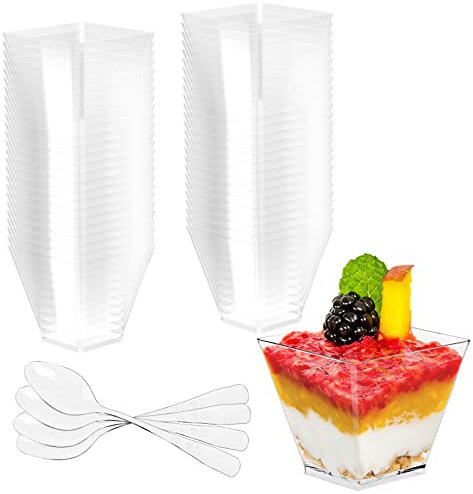 Newaner 50 stück dessertgläser mit Löffeln plastik 2oz/60ML, dessertschalen Klare Wiederverwendbar, Quadratischer dessertbecher, desserttassen für Pudding Mousse Eiscreme Geburtstag Hochzeiten