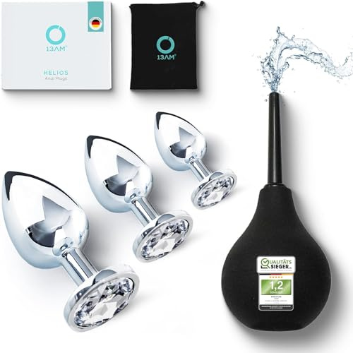 13AM plugs anales Juego de 3 plugs anales metálicos con diamantes de cristal Blanco, incluye ducha anal, 3 tamaños: pequeño (principiante), mediano y grande, juguetes sexuales para parejas