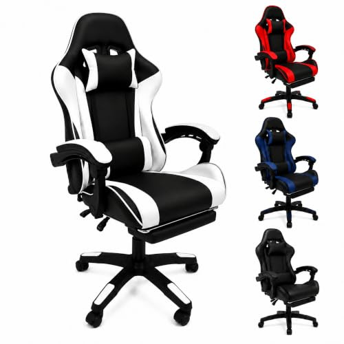 SISA BY GL – Sedia Gaming Ergonomica Reclinabile fino a 135°, con Poggiapiedi, Supporto Lombare e Poggiatesta, Rotazione 360°, Pistone a Gas, Pelle Sintetica Nera – Sedia Gaming Bianco/Nera