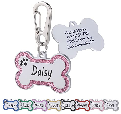 Aimeng Personalized Stainless Steel Pet ID Tags with Glittery Bone Design - DEEP Engraved Dog Tags Engraved for Pets Customized with 5 Lines Dogs and Cats Pets