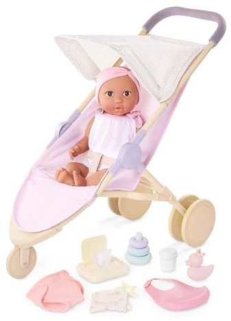 LullaBaby - Set baby doll e passeggino da jogging - Bambola realistica da 36 cm - Pacchetto di pannolini e accessori per la cura - Occhi marroni e corpo morbido - Gioco di finzione - Bambini 2 anni +