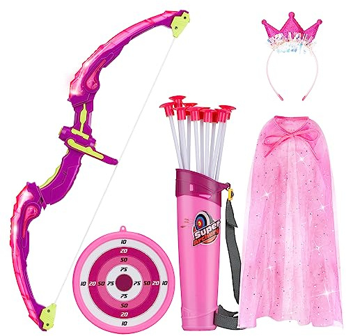 Bow and Arrow for Kids, LED Light Up Archery Set with Princess Cape and Crown, 10 Suction Cup Arrows, Target & Quivers, Outdoor Toy for Girls Aged 3-8, Birthday Gifts Toys for 4 5 6 7 8 Year Old