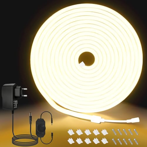 Neon LED-remsa – 5 m varmvit, 12 V dimbar vattentät 3000 K neon LED-remsa, DIY flexibel neon LED-ljusremsa för hemmet, köket, dekoration (med nätadapter) | Flexibel skärbar IP65 vattentät LED-replampa för sovrum, kök, uteplats, inomhus utomhusdekor, gör-det-själv-design