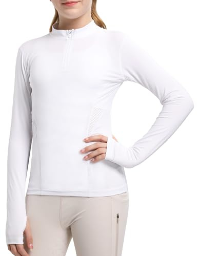 FitsT4 Sports Girls Long Sleeves Shirts Thumbhole English Horse Riding Shirt UPF50 Quick Dry Kids Equestrain Half Zip Jacket White Large
