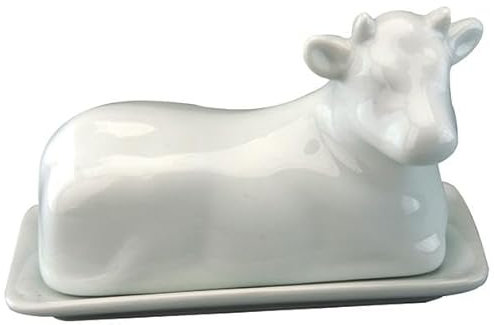 Acense Traditional Porcelain Cow Design Butter Dish with Lid – White