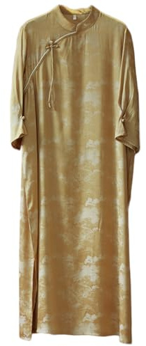 Women Modern Cheongsam Maxi Dress Evening Short Sleeve Dress Floral Brocade Stand Collar Qipao (US, Alpha, One Size, Regular, Regular, Yellow)