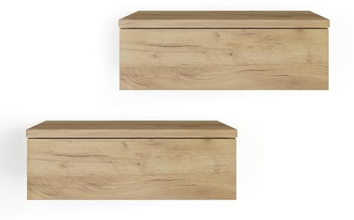 Komto Table de Chevet Suspendue Lot de 2 Chêne Miel – Table de Nuit Murale avec Tiroir, Idéal Chambre | Monaco 46 x 30 x 15 cm