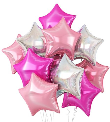 Rosa silverfolie stjärnballonger, 10 st stjärnformade folieballonger, 45 cm varmrosa silver laser helium mylar-ballonger för födelsedag, årsdag, förlovning, bröllopsfest dekorationer