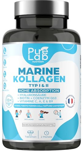 Collagène Marin Hydrolysé Type 1 et 2 + Acide Hyaluronique + Biotine & Coenzymes Q10 + Vitamines C, A, E, B9 - Cure 2 Mois, 60 Comprimés 1000mg - Peau, Articulations, Cheveux & Anti-âge