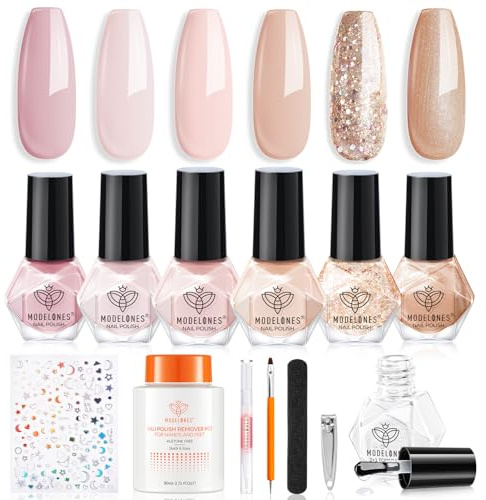 Modelones Nail Polish Set 6 Colors with Top & Base Coat, Pink Brown Gold Glitter Nail Polish Remover, Sticker, Nude Light Shimmer Quick Dry Nail Polish Kit DIY Home Manicure for Women
