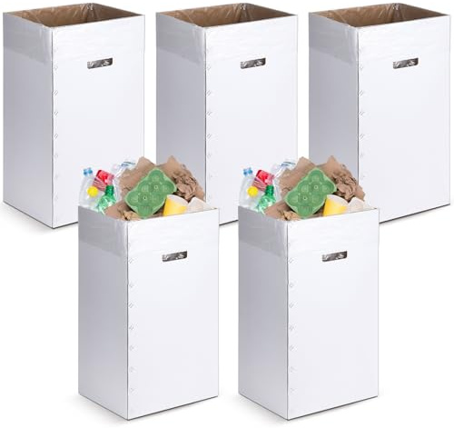 Tioncy 5 Pcs Cardboard Trash Cans Disposable and Reusable Corrugated Cardboard Trash Cans Recycling Bins Bulk with 10 Garbage Bags White Garbage Boxes for Parties Events