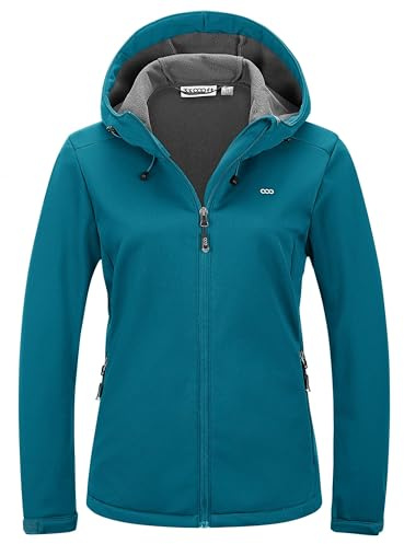 33,000ft Damen Fleece Gefütterte Softshelljacke Wasserdichte Funktionsjacke Fahhradjacke mit Kapuze Winddichte Übergangsjacke Windbreaker zum Radfahren, Wandern Dodge Blau 42