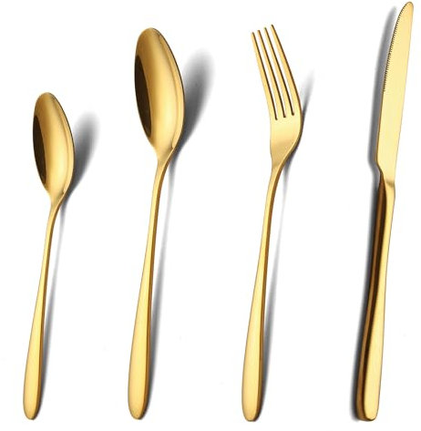 Juego de Cubiertos Dorados de Acero Inoxidable para 6 Personas, 24 Piezas Cuchillo Tenedor y Cuchara, Ideal para Mesa y Comedor Familiar