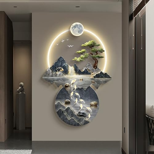 YuchiFa Decoración de pared 3D, esculturas de pared con luz LED, lámpara de pared decorativa, pinturas murales chinas para el hogar, entrada, dormitorio (#2)