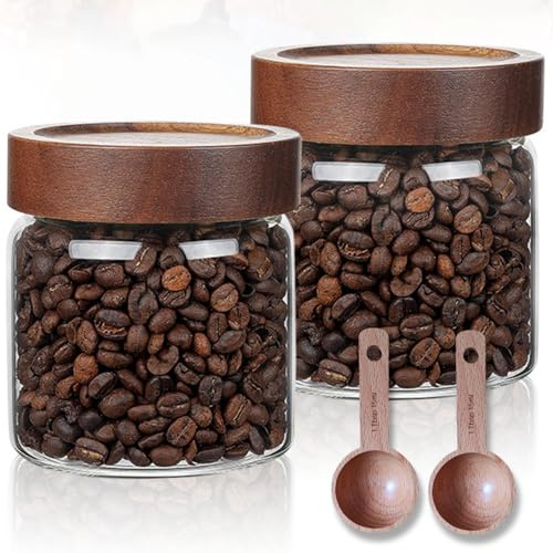 JanYoo Förvaringsburkar med lock, set om 2, 500 ml kaffeburkar lufttäta förvaringsburkar glas kaffebönor behållare med skyffel förvaringsburk med trälock för te nötter kakaobönor förvaring