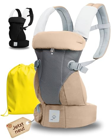 KIDDY KINGDOM Ergonomische Babytrage Neugeborene ab Geburt - 3 in 1 Multifunktionale Kindertrage von 0-36 Monaten - Baby Trage mit 3D SOFT MESH - Baumwolle - Baby Tragegurt Baby Tragetasche beige
